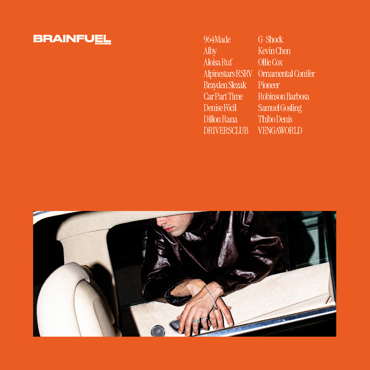 An orange square graphic with the text 'BRAINFUEL' in white at top left and a list of music genres and names in white along the right side, plus a small rectangular photo at the bottom showing part of a person in a car interior.