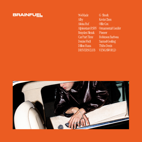 An orange square graphic with the text 'BRAINFUEL' in white at top left and a list of music genres and names in white along the right side, plus a small rectangular photo at the bottom showing part of a person in a car interior.